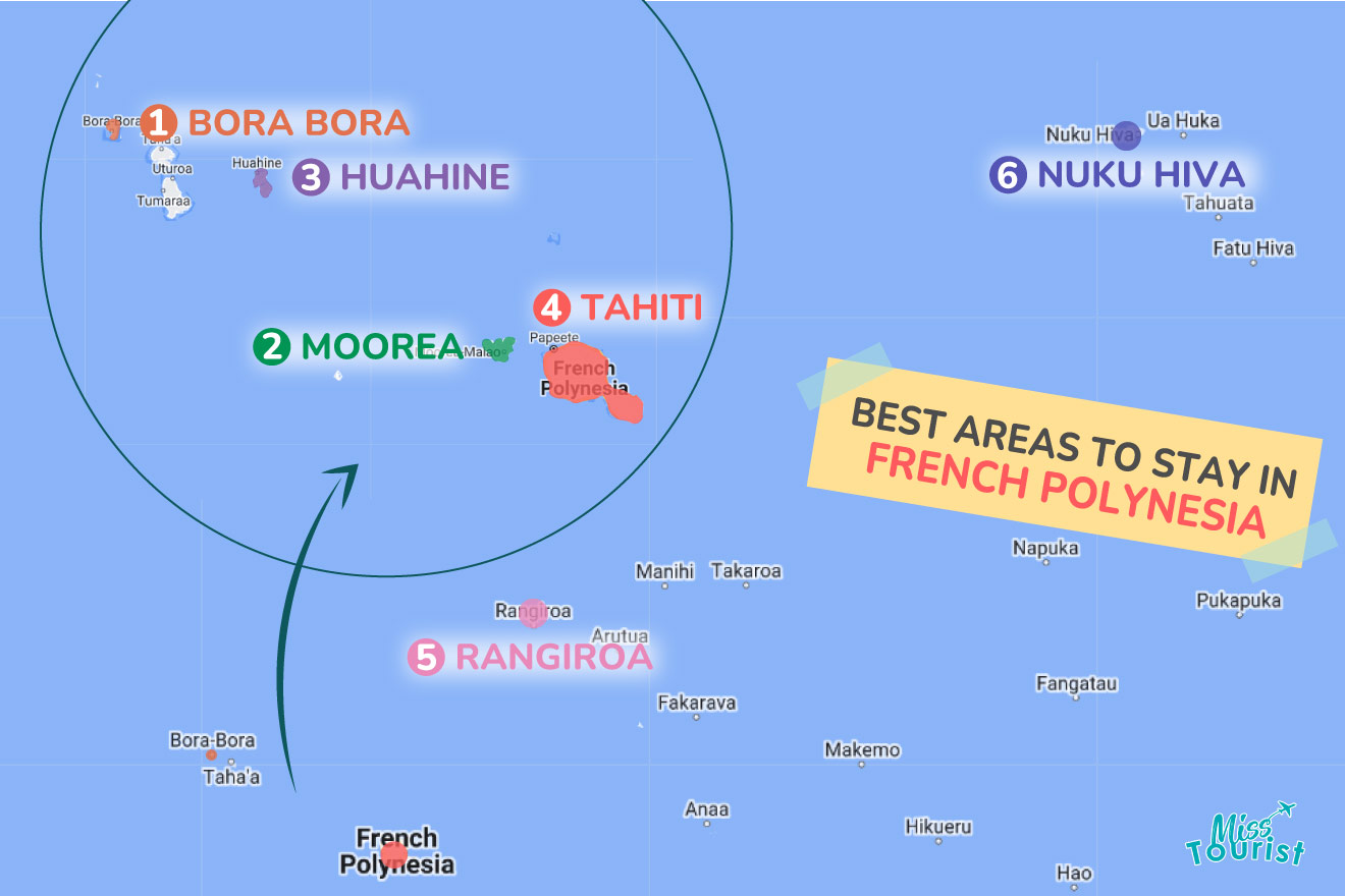 A colorful map highlighting the best areas to stay in French-Polynesia with numbered locations and labels for easy navigation