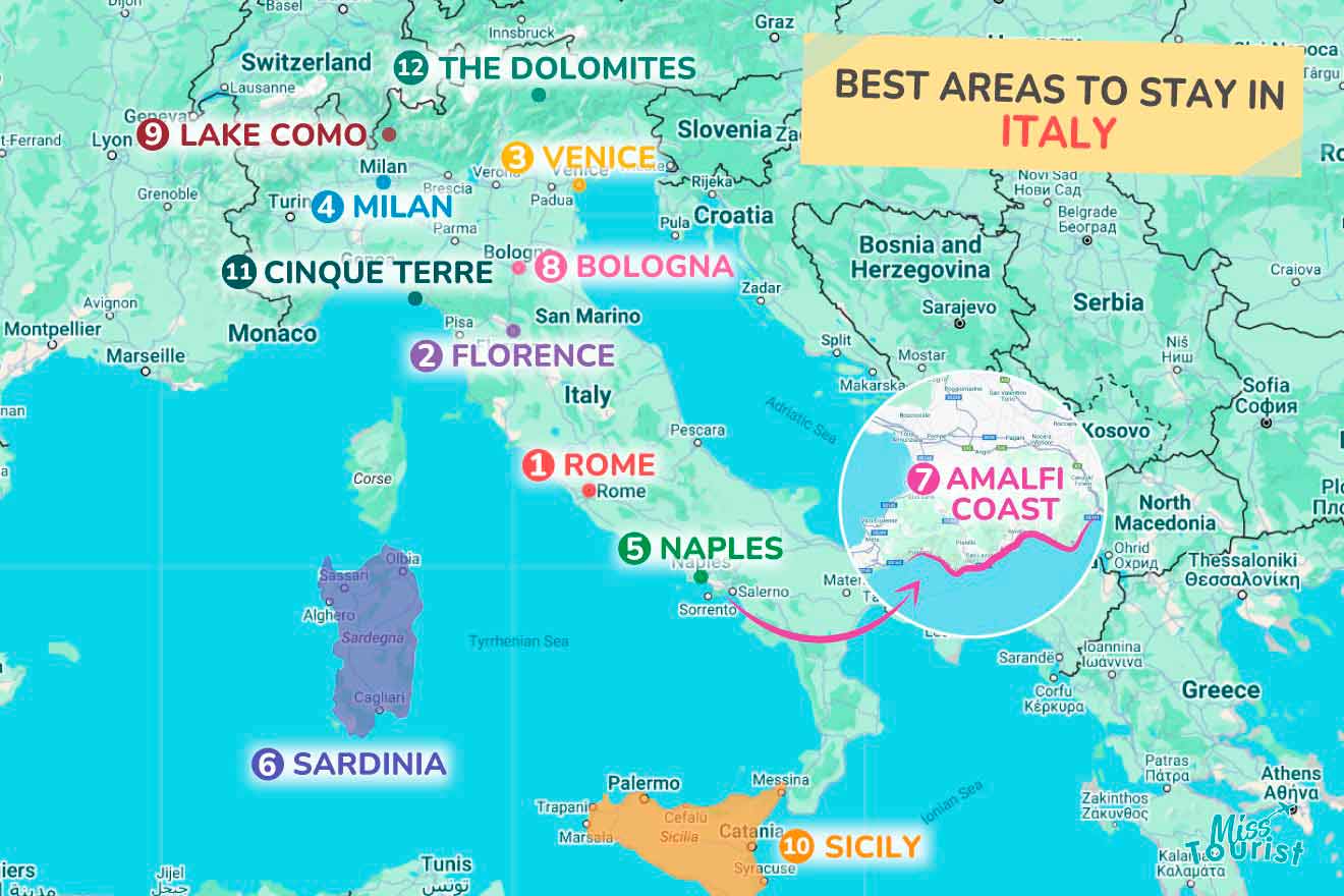 Map of Italy highlighting the best areas to stay: Rome, Florence, Milan, Venice, Cinque Terre, Amalfi Coast, Naples, Bologna, Lake Como, Sardinia, and Sicily.