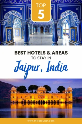 Top section displays a blue ornate interior; below is text, "Best Hotels & Areas to Stay in Jaipur, India"; bottom section features a palace on a lake with mountains in the background.