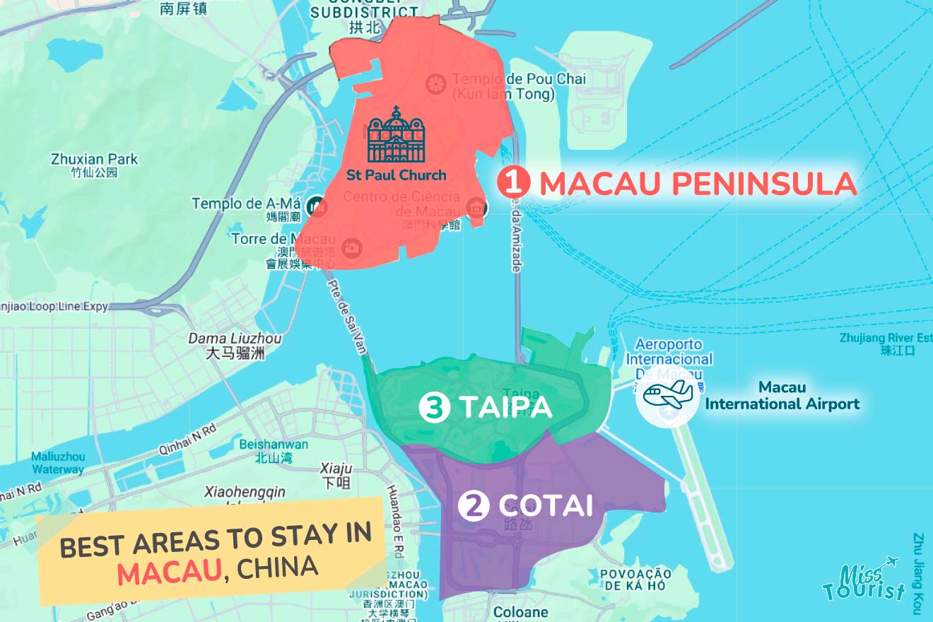 Map highlighting the best areas to stay in Macau, China: Macau Peninsula in red, Taipa in green, and Cotai in purple. Key landmarks and Macau International Airport are marked.