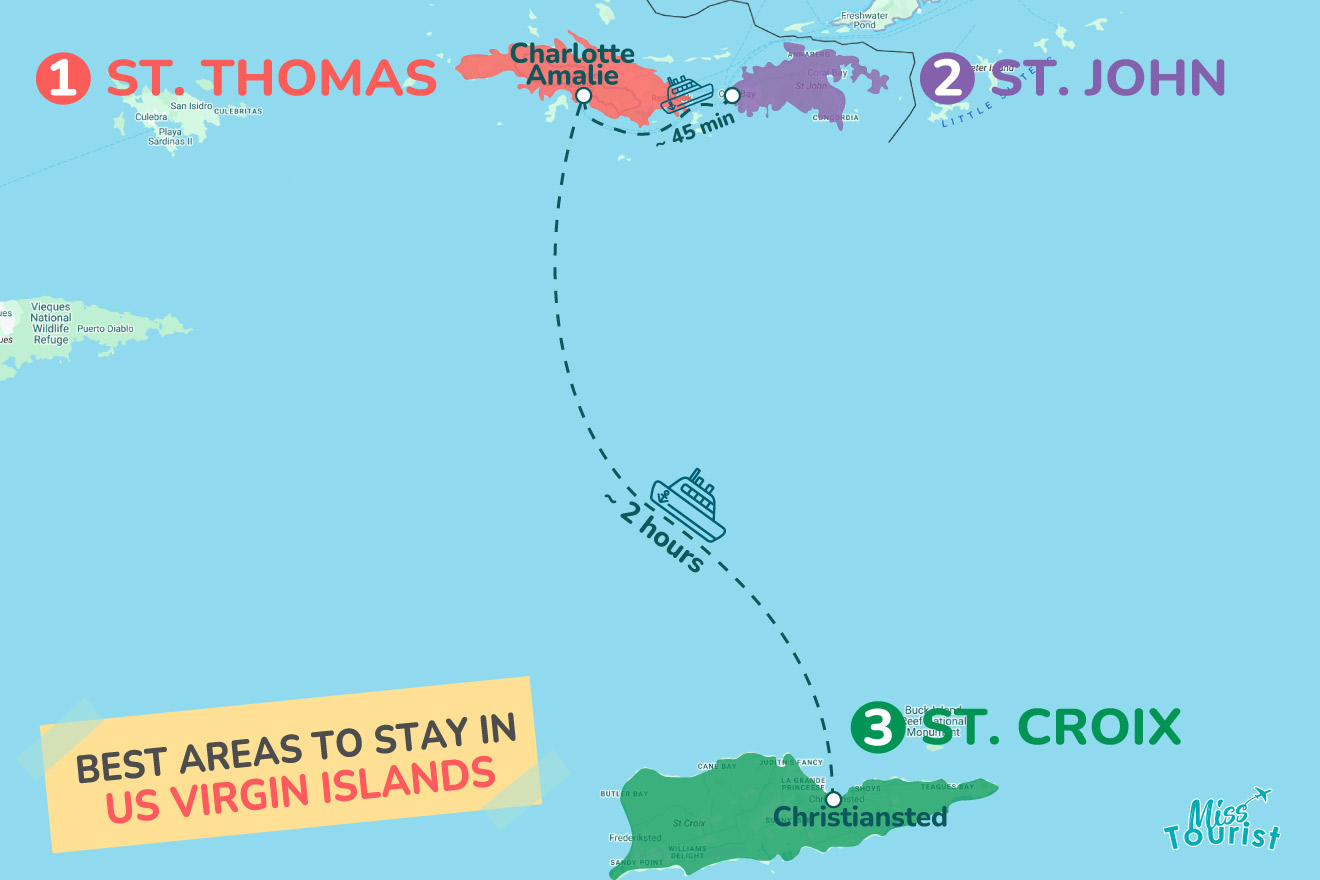 Map highlighting recommended areas to stay in the US Virgin Islands: 1. St. Thomas (Charlotte Amalie), 2. St. John, and 3. St. Croix (Christiansted), with ferry routes and travel times indicated.