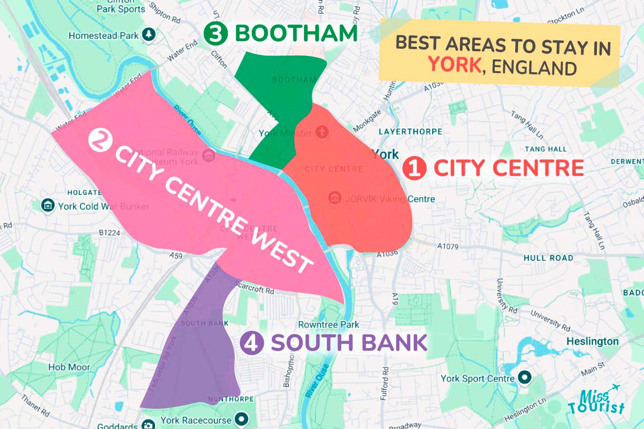 Map highlighting the best areas to stay in York, England: 1. City Centre, 2. City Centre West, 3. Bootham, and 4. South Bank.