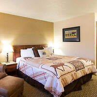 A cozy hotel room with a large bed, patterned bedding, bedside lamps, an armchair, and framed artwork on the wall.