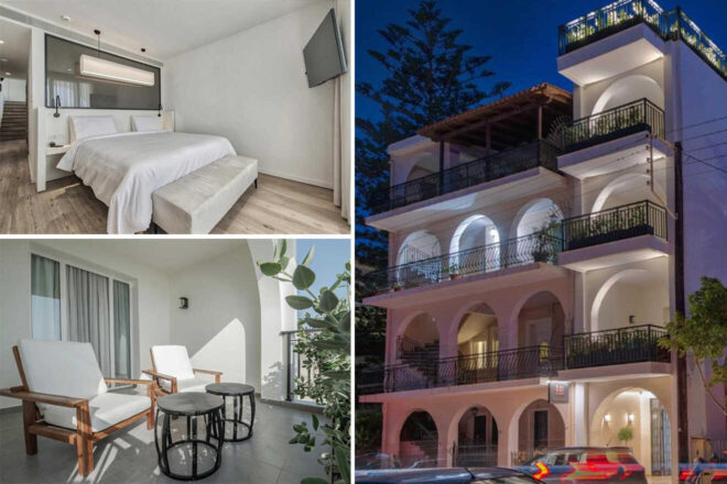 Collage of a modern hotel: left shows a bedroom and balcony with chairs, right displays the hotel's illuminated facade at night.