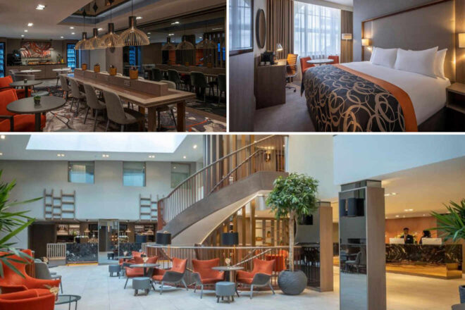 Collage of a modern hotel interior featuring a dining area, a double bed room, and a lobby with a central staircase and seating.