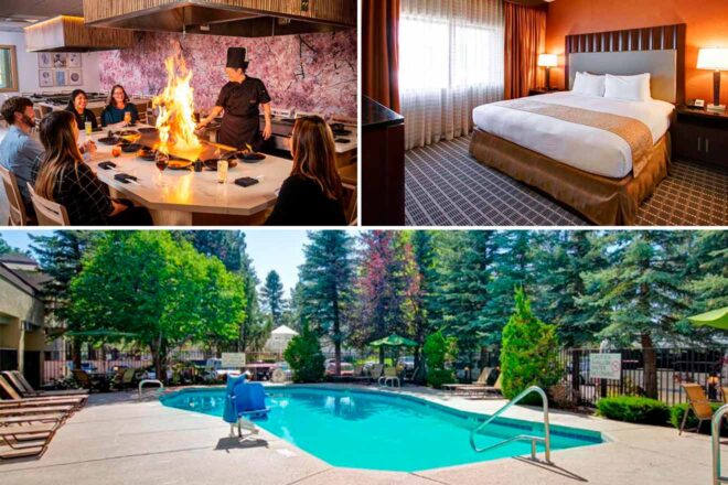 Image collage showing a chef cooking with flames before diners, a hotel room with a large bed, and an outdoor pool surrounded by trees and lounge chairs.