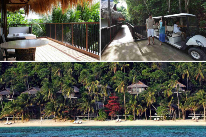 Collage showing a tropical resort: a deck with seating, a couple with a golf cart on a pathway, and beachfront huts among palm trees and lush greenery.