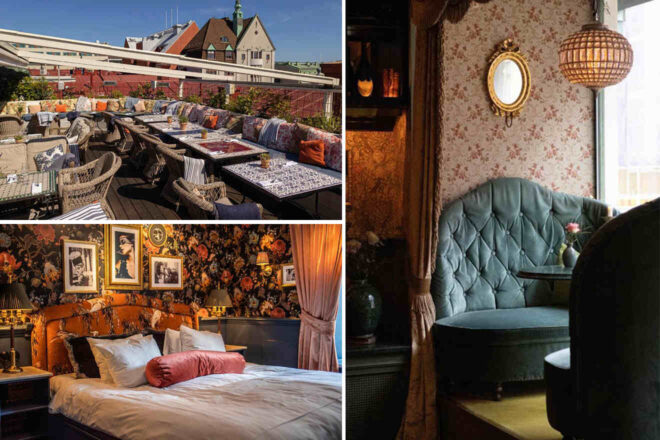 Collage of three spaces: an outdoor terrace with tables and chairs, a cozy room with a sofa and floral wallpaper, and a bedroom with a double bed and ornate decor.