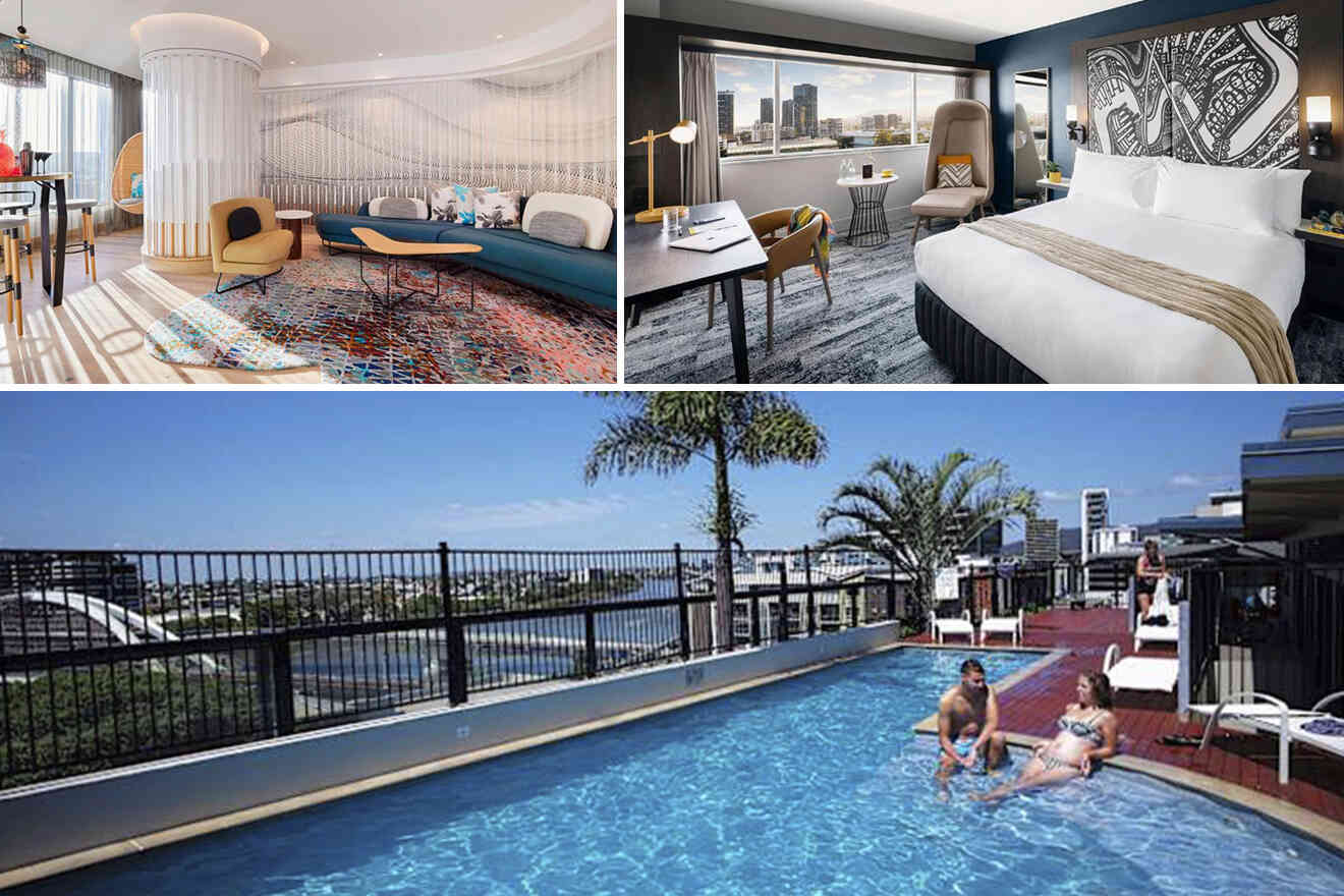 Collage of a modern hotel room, a city-view suite with a desk, and an outdoor rooftop pool with people swimming.