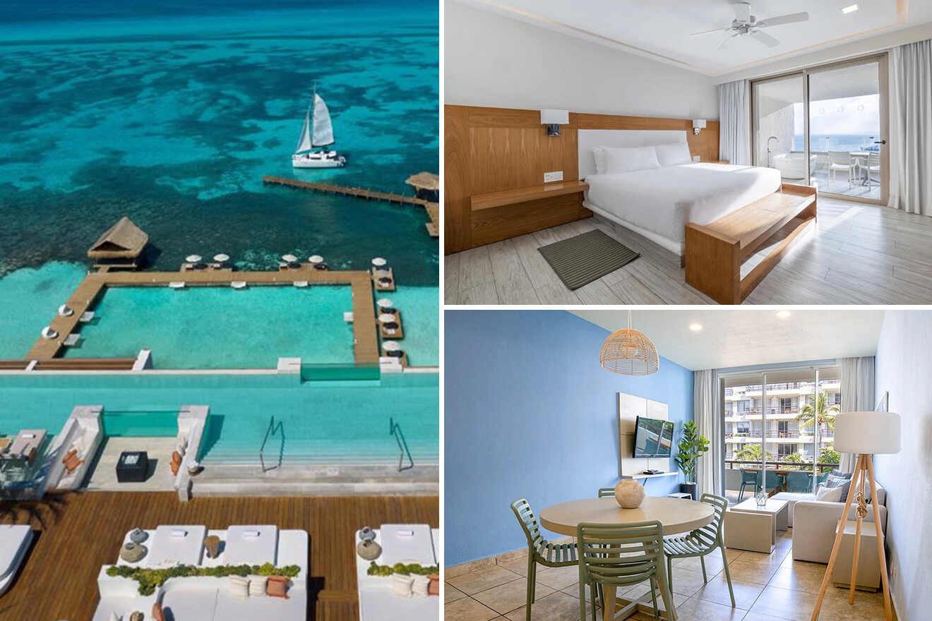 Collage of a seaside resort with a sailboat, an infinity pool, a bedroom with ocean view, and a living area with table and chairs.