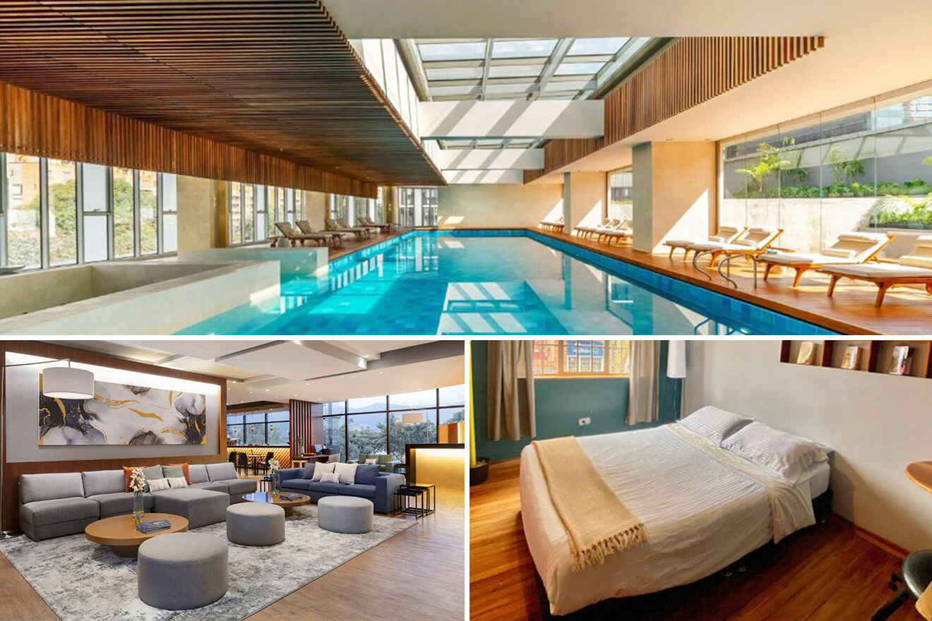 Collage of a modern indoor pool with loungers, a stylish living room with a sectional sofa, and a cozy bedroom with a neatly made bed.