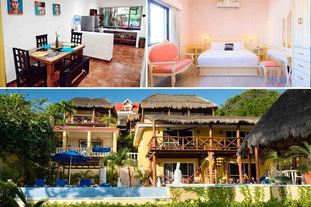 Collage of a house interior with dining and kitchen area, a bedroom, and an exterior view of a tropical resort with a pool and palm trees.