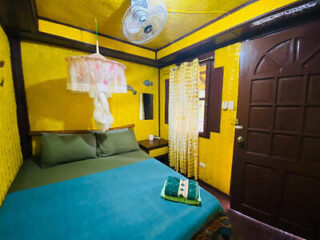 Cozy room with yellow walls, a bed, green bedding, and a side table. Ceiling fan above, window with sheer curtains, and a wooden door to the right.