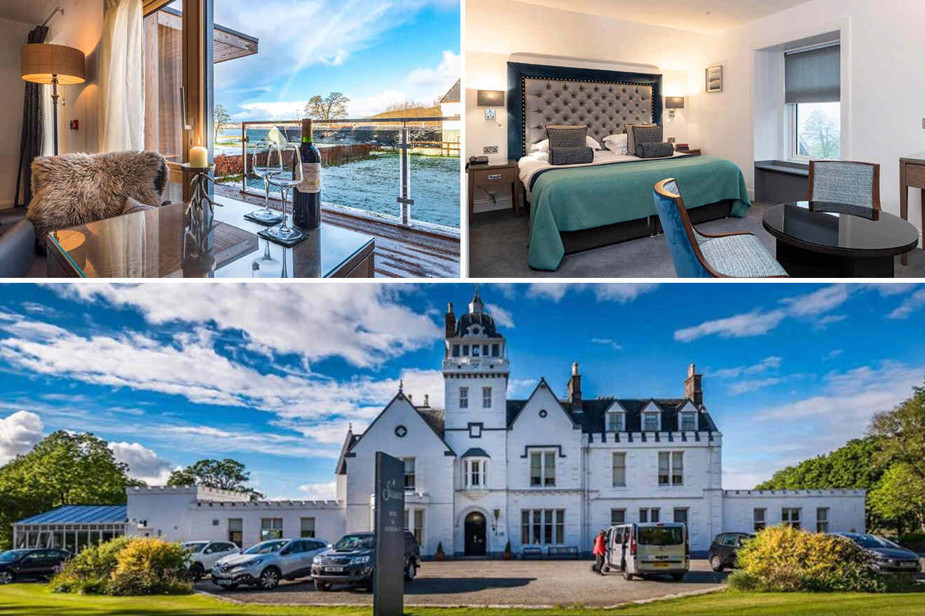 A collage of a hotel room with a patio view, another room with a turquoise bedspread, and the exterior of a white mansion-style hotel building with parked cars.