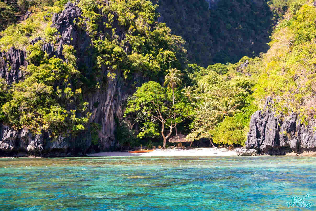 Tropical beach with clear turquoise water, sandy shore, and lush green trees. Rocky cliffs in the background under a clear blue sky.