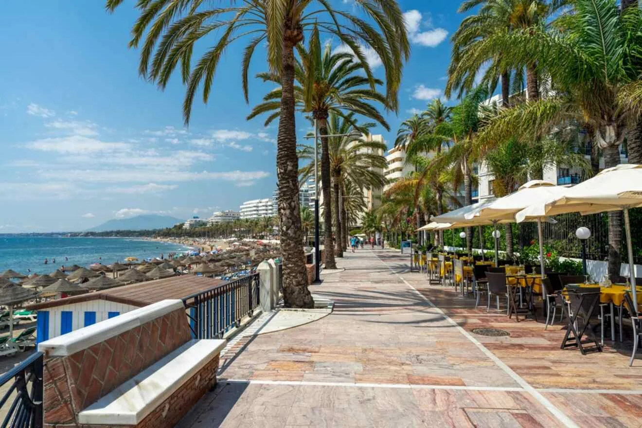 A sunny beach promenade lined with palm trees, outdoor café tables, and distant beachgoers under umbrellas, with a view of the sea and buildings in the background.