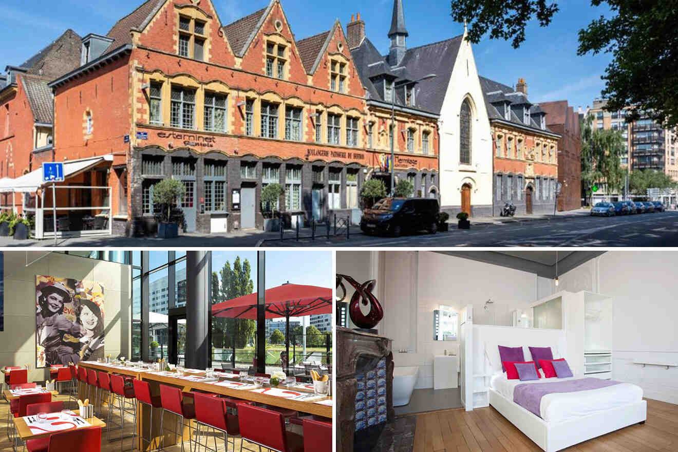 Historic brick building exterior, modern restaurant with red chairs and umbrella, and a contemporary bedroom with purple accents.