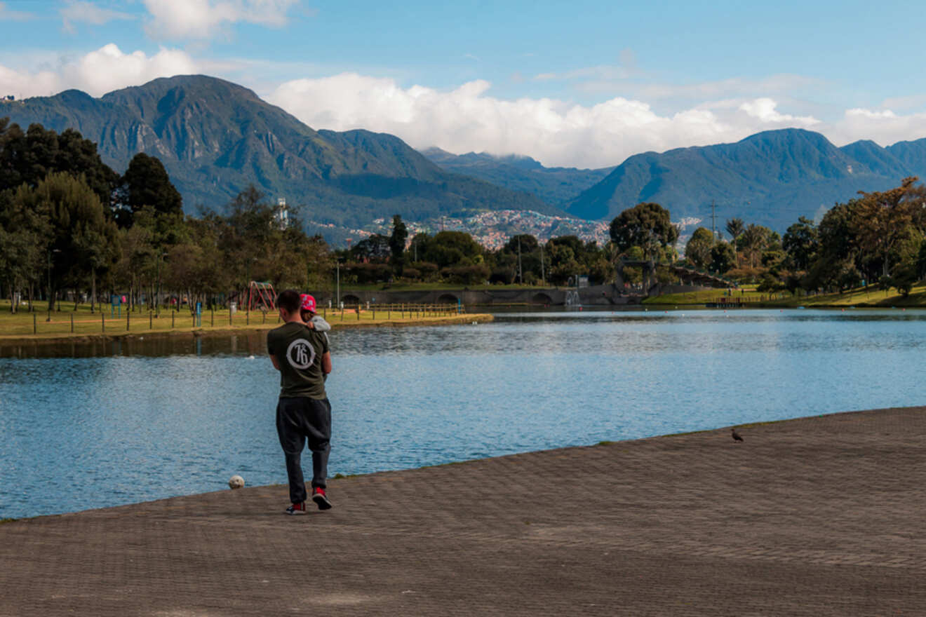 Person with a child sitting on their shoulders stands by a large lake, surrounded by trees and distant mountains under a cloudy sky.