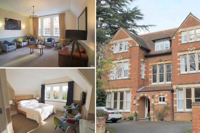 Collage of a brick house exterior, a furnished living room with armchairs, and a bedroom with a double bed and armchairs.