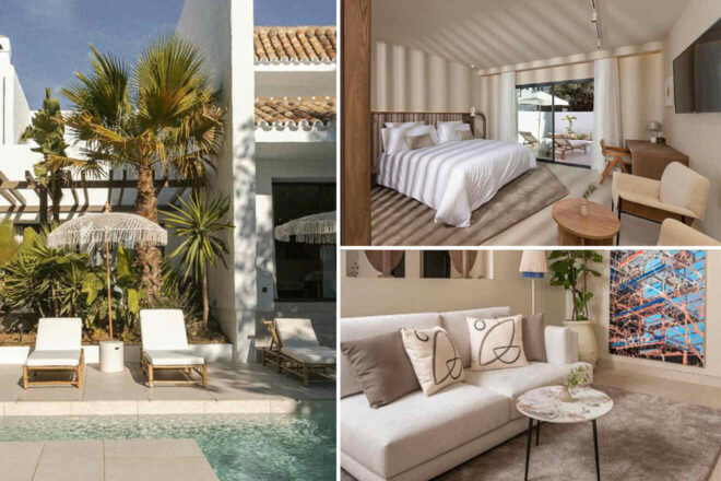 Collage of a hotel: poolside area with two lounge chairs, a bedroom with a large bed, and a living room with a sofa and abstract art.