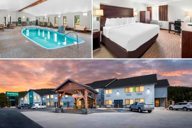 Collage of a hotel: indoor pool area, room with double bed, and exterior view at sunset with cars parked outside.