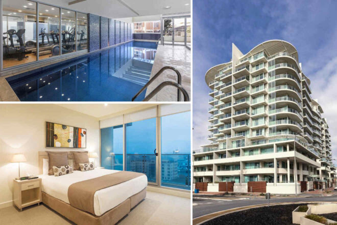 A collage showing a modern gym and indoor pool, a furnished hotel room with an ocean view, and a high-rise hotel exterior with curved balconies.