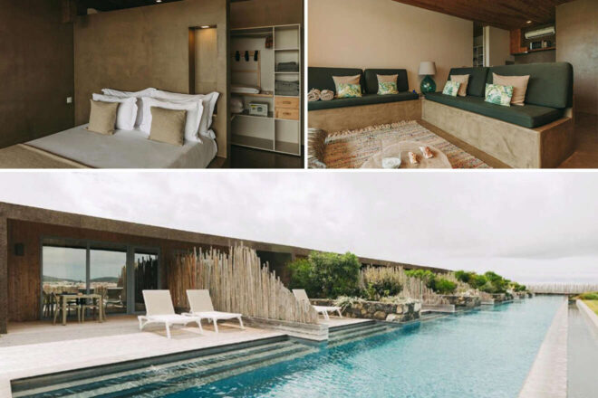 Modern hotel suite with a neatly made bed, a cozy seating area, and an outdoor pool with lounge chairs.