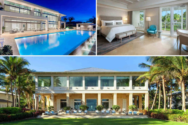 Collage of a modern house with a large pool, a bright bedroom, and a view of the house's facade surrounded by palm trees.