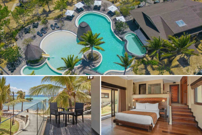 Aerial view of a resort with a pool and palm trees. Below, a seaside balcony with chairs and a table on the left, and a bedroom with a bed and wooden accents on the right.