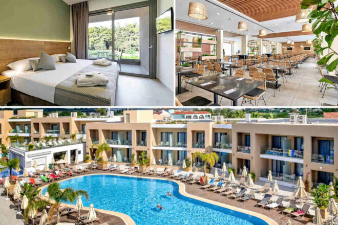 Modern hotel collage: a bedroom with a double bed, a dining area with tables and chairs, and an outdoor pool surrounded by lounge chairs and umbrellas.