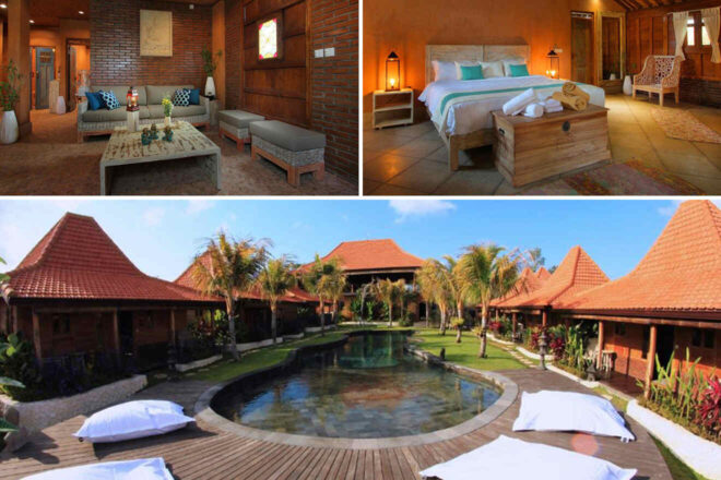 A tropical resort with wooden decor: a lounge with sofas, a bedroom with a bed and towels, and a central outdoor pool surrounded by villas and palm trees.