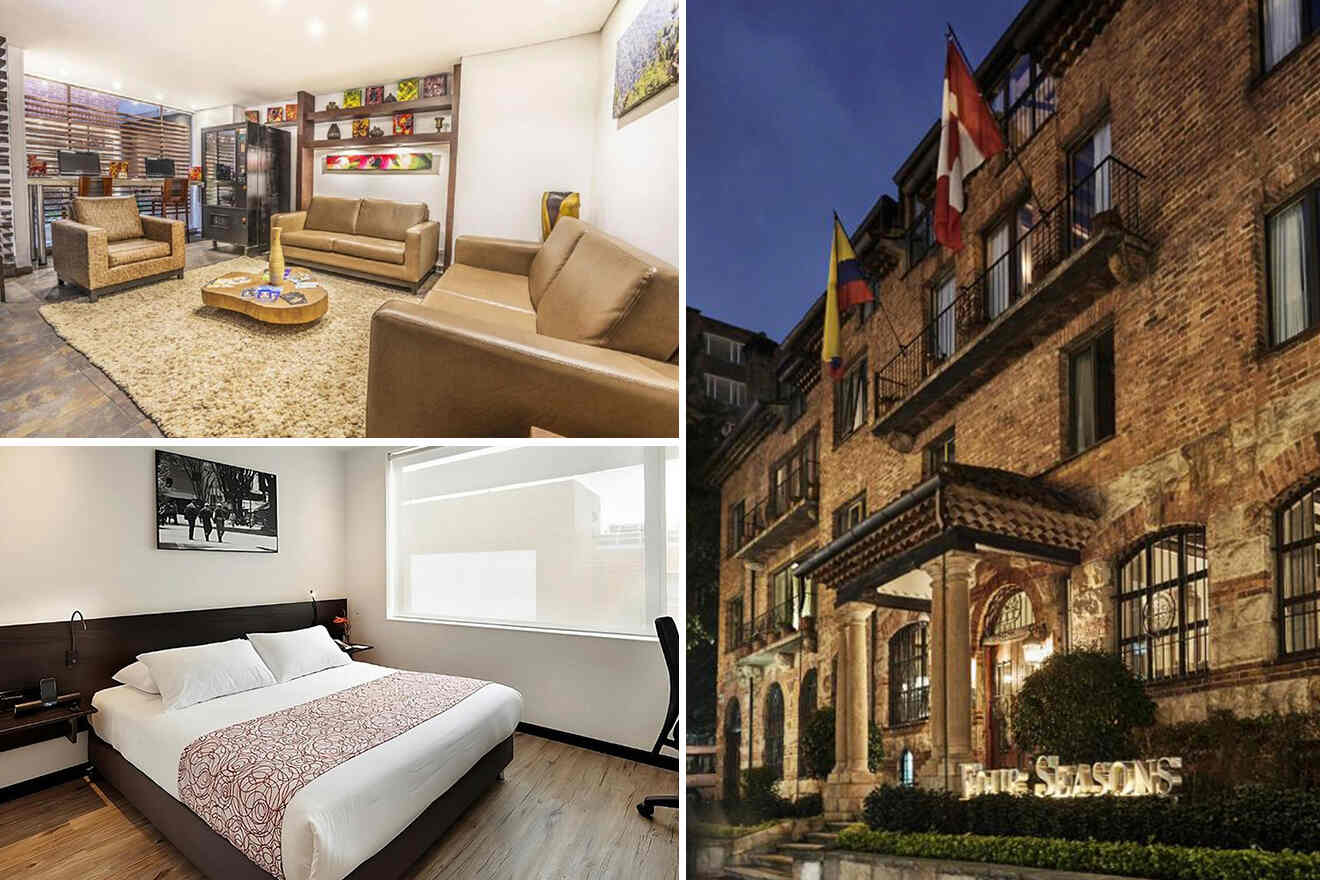 Collage of three images: a cozy living room, a neatly made double bed in a bedroom, and the exterior of a brick building with multiple flags and "Four Seasons" signage.