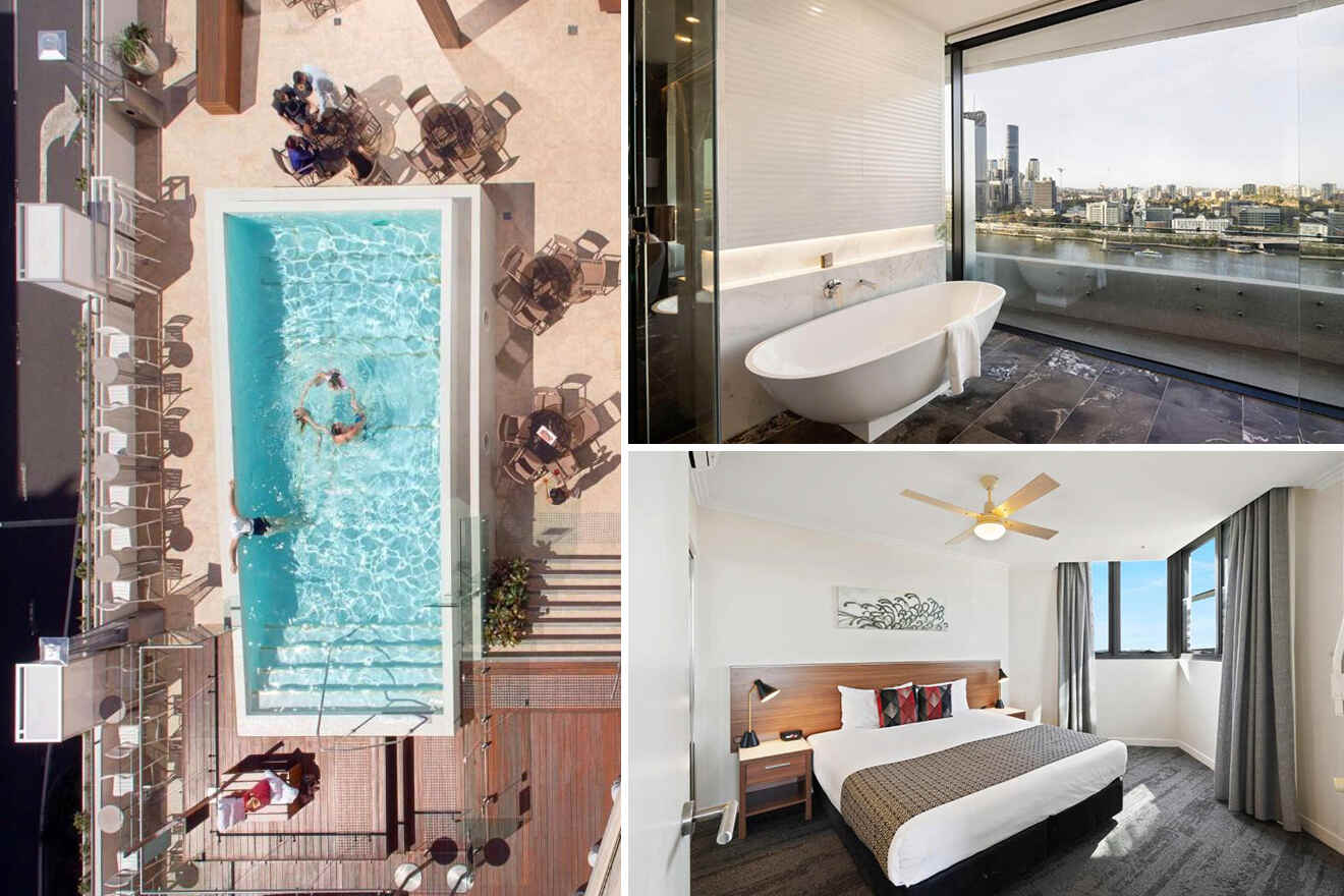 Collage of a hotel: rooftop pool, bathroom with a freestanding tub and city view, and a bedroom with a large bed and ceiling fan.