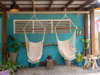 Two white hanging chairs on a patio with a turquoise wall, surrounded by plants and a pebble floor.