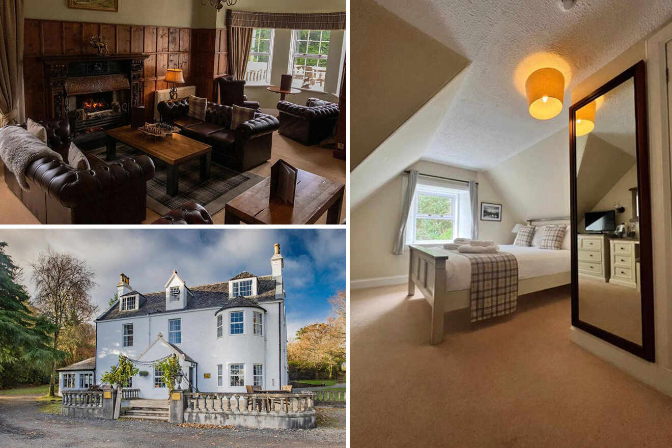 Collage of a cozy living room with a fireplace, a bedroom with a large mirror, and the exterior of a white two-story house with chimneys.