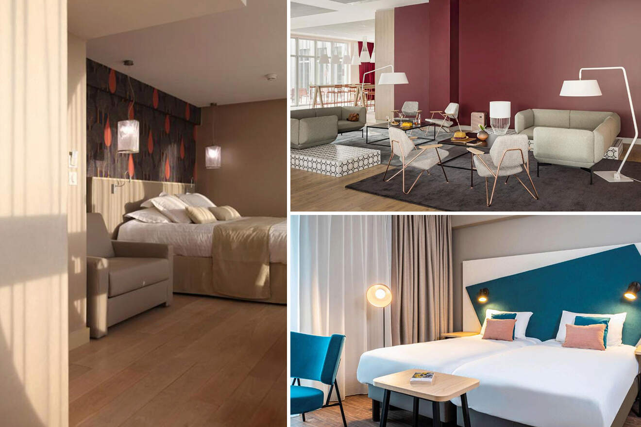 Three modern hotel room interiors: one with a double bed and wall art, another with grey and green seating and a maroon wall, and a third with twin beds and a blue accent wall.