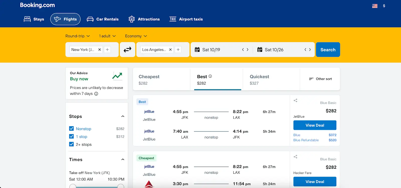 Screenshot of a flight booking website showing options from New York to Los Angeles, with filters for cheapest, best, and quickest flights. Prices and times are listed for each option.