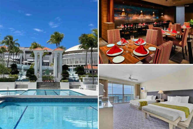 Collage of a luxury resort: outdoor pool area, elegant dining with red accents, and a spacious hotel room with ocean view.