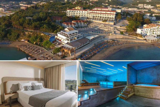 Aerial view of a seaside resort with a beach, hotel room, and indoor pool with lounge chairs.