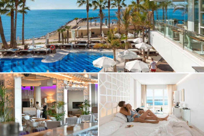 Beachfront resort with pool and lounge chairs, indoor bar and dining area, and a couple relaxing in a modern, bright hotel room with a sea view.