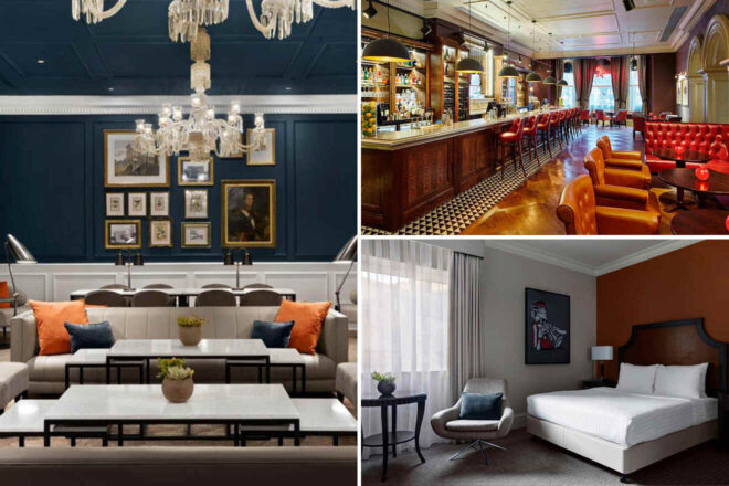 Collage of interiors: an elegant lounge with chandeliers, a vintage-style bar, and a modern hotel room with a bed and chair.