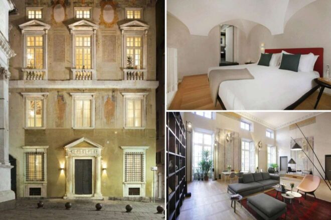A three-image collage shows an ornate building facade at night, a modern bedroom with vaulted ceilings, and a spacious living room with large windows and contemporary furnishings.