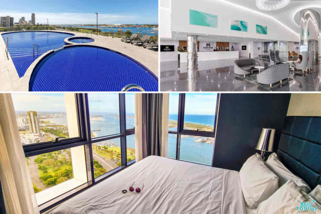 Collage of three images: rooftop pool overlooking water, sleek hotel lobby with modern seating, and a bedroom with large windows offering a sea view.