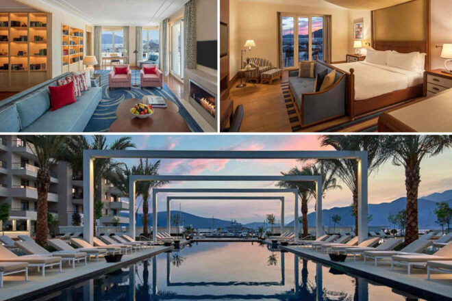 Luxurious hotel with a spacious living area, cozy bedroom, and outdoor pool lined with lounge chairs and palm trees, offering a scenic waterfront view.