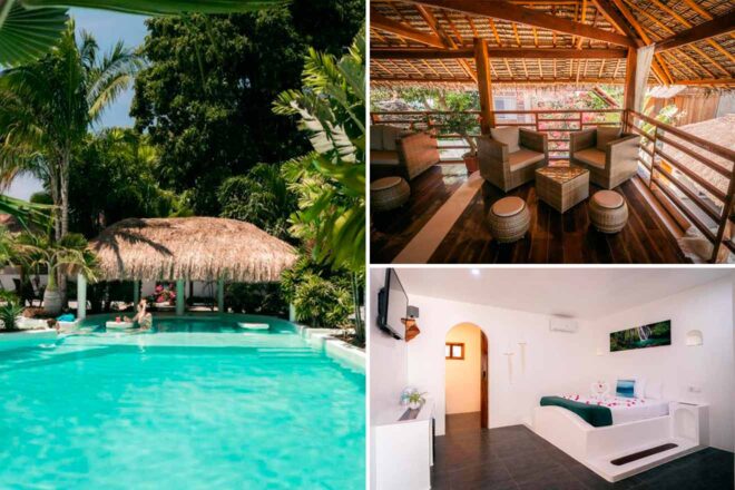 Composite image of a tropical resort: left shows a pool with thatched umbrellas, top right shows a seating area with wicker furniture under a wooden roof, bottom right shows a modern bedroom.