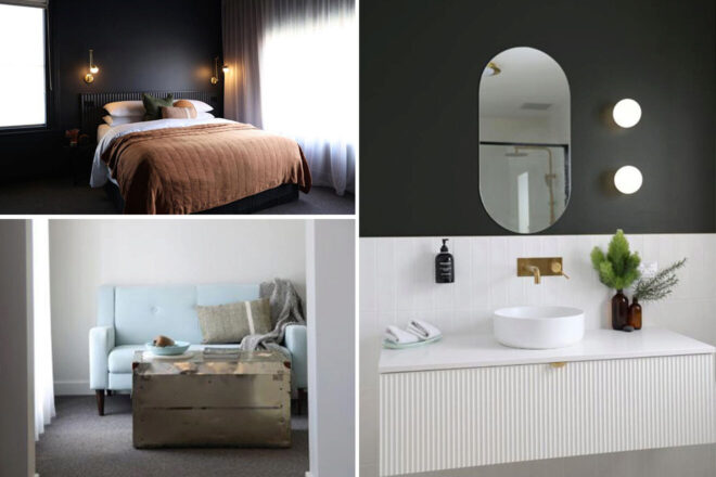 A cozy bedroom, a light blue sofa with a metallic trunk, and a modern bathroom with a round sink and oval mirror.