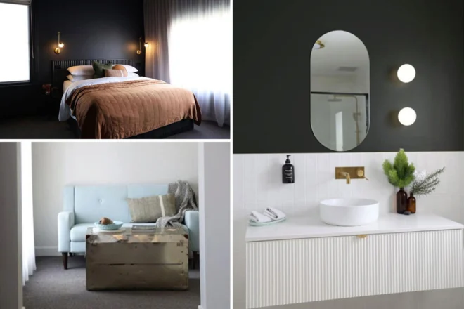 A cozy bedroom, a light blue sofa with a metallic trunk, and a modern bathroom with a round sink and oval mirror.