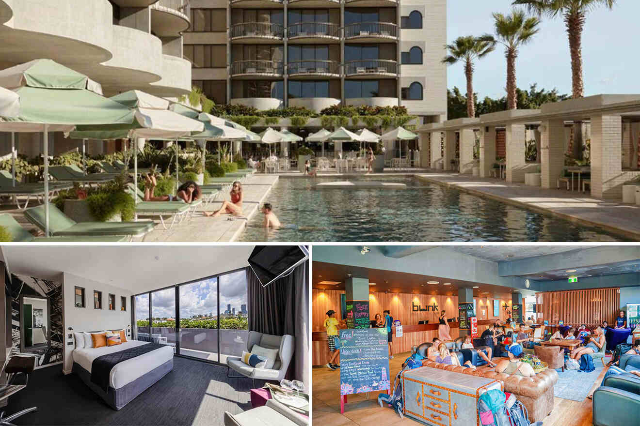 Collage of a hotel: outdoor pool area with loungers, a modern hotel room with city view, and a lively lobby with people sitting.