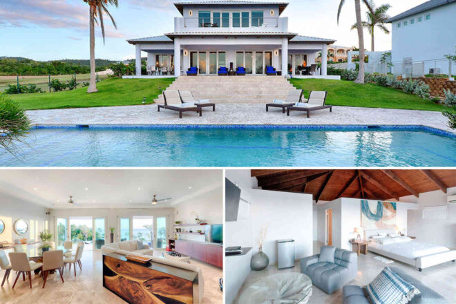 Two-story house with a pool and lounge chairs. Interior views show a modern living room and a bedroom with wooden ceilings and decor.