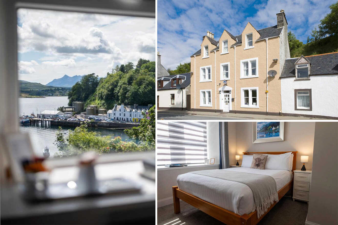 Collage of three images: a coastal village view through a window, a beige house with white accents, and a neatly made bed in a modern bedroom.